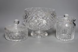 Two Waterford jars and covers and a pedestal vase,Vase 20 cms high,
