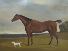 19th century English School, oil on card, Primitive study of a horse and terrier in a landscape,