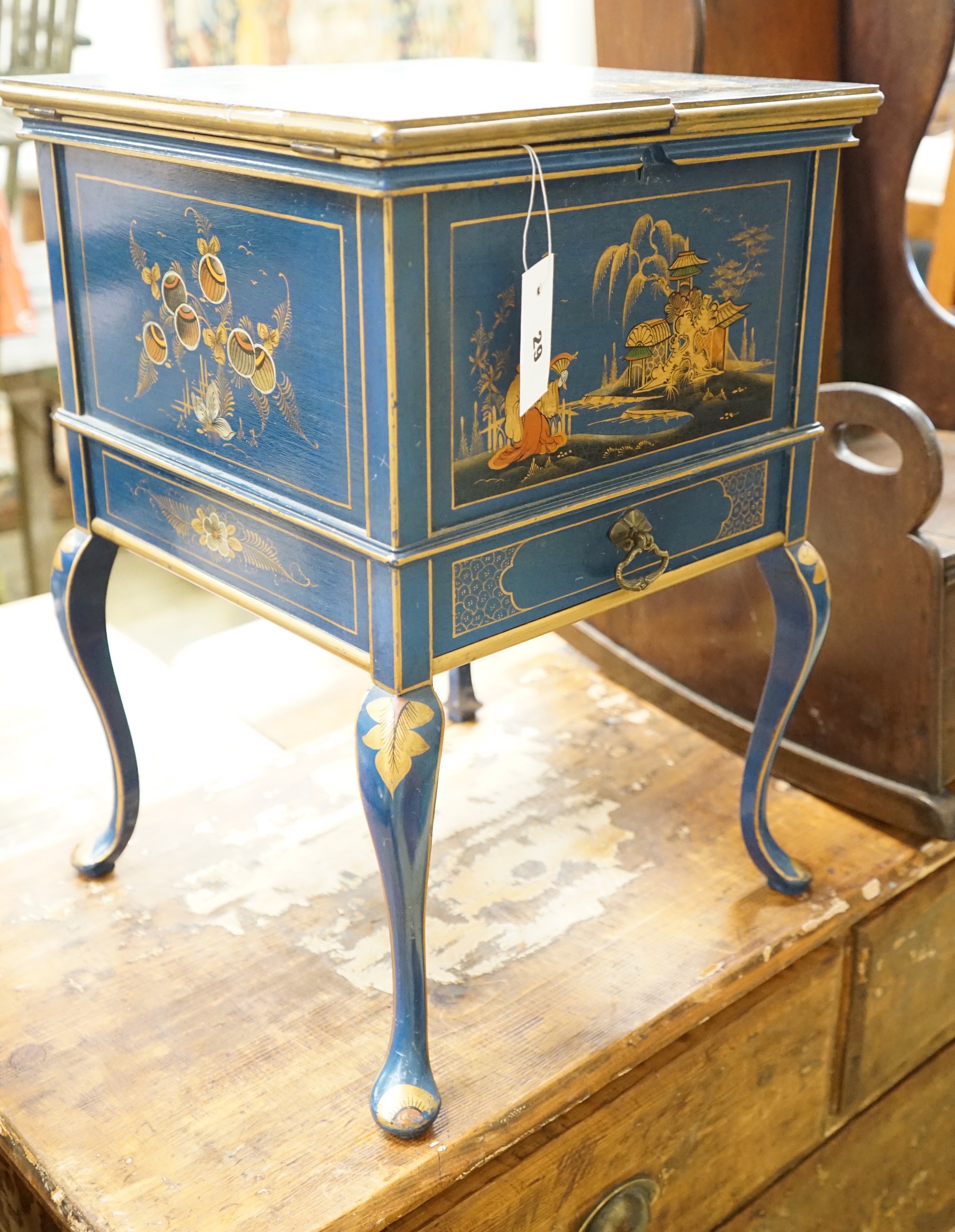 A 1920's square chinoiserie lacquer work box, 36cm, height 53cm - Image 4 of 4