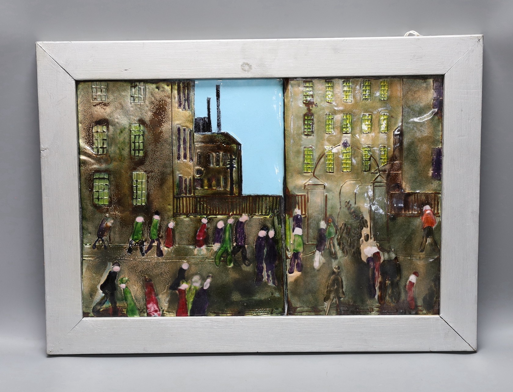 After L.S. Lowry, enamel on copper, 28x42cm excl frame