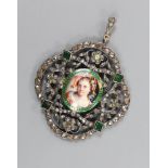 An Indian? white gem enamel and rose cut diamond set portrait pendant, 46mm, gross weight 15.6