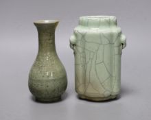 A Chinese celadon bottle vase, and a celadon crackle glaze vase, Yuan-Ming or later, 14cm