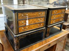 A pair of Drexel chinoiserie decorated, ebonised and pollard oak three drawer tables with glass