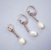 A pair of yellow metal, baroque pearl and rose cut diamond set drop earrings, 38mm and a similar