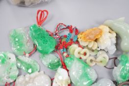 Seventeen pieces of jadeite and hardstone carved pendants and figures