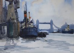 Alfred Percy Tompkin (fl. 1936 - 1950), watercolour, Tower Bridge, signed, 24 x 34cm.