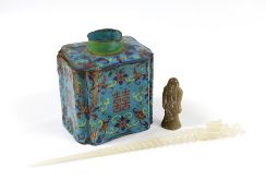 A Chinese blue enamel copper jar, 11cm tall, together with a jade hair pin and figure (3)