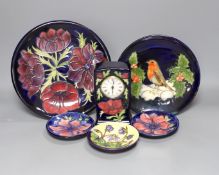 Five Moorcroft pottery dishes and a timepiece