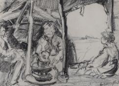 Dame Laura Knight (1877-1970), crayon on paper, ‘Gypsy’s on Epsom Downs’ 18x37cm