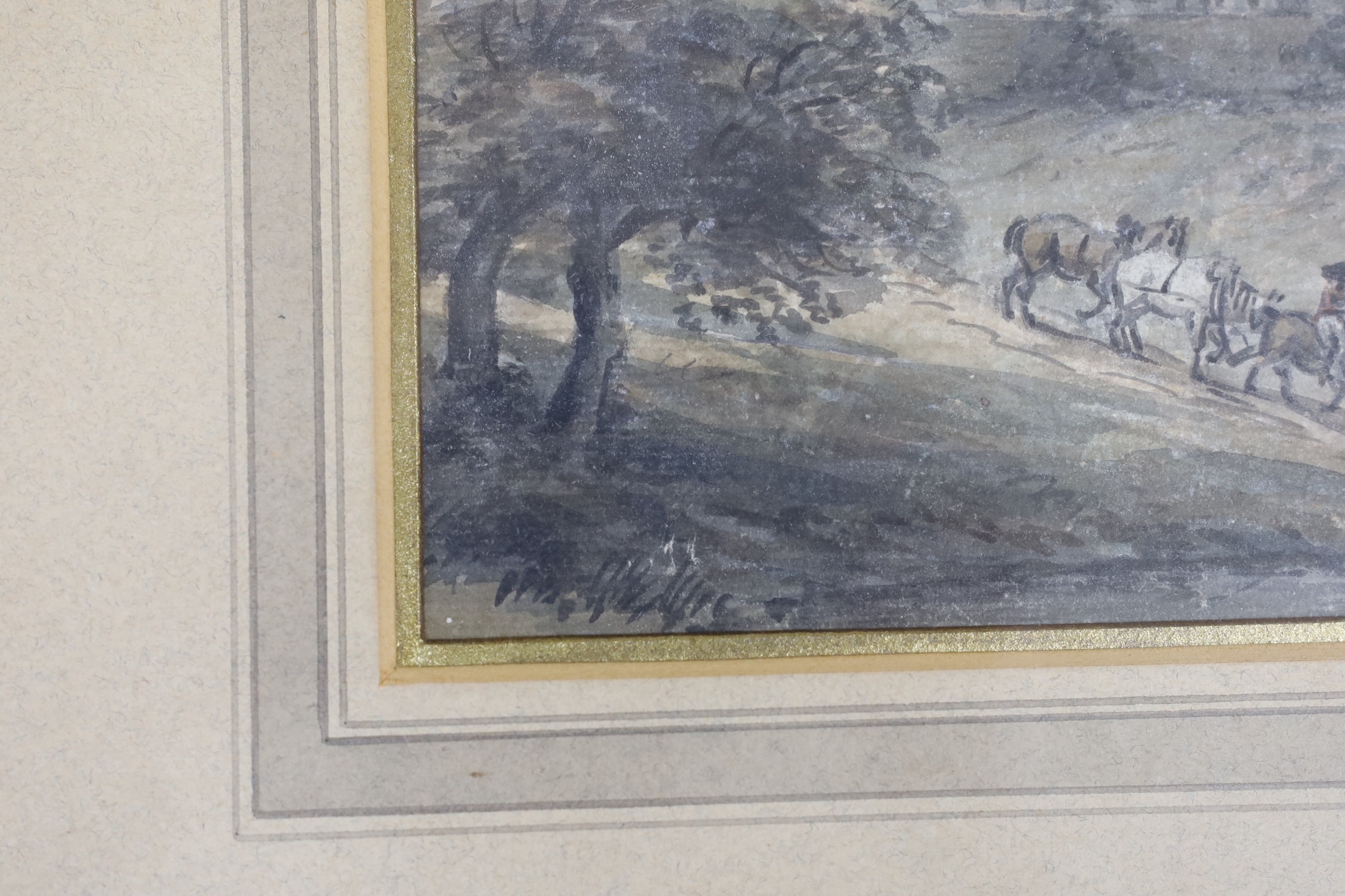 Paul Sandby (1725-1809), watercolour on paper, Travellers passing a castle, 13 x 16cm - Image 3 of 4