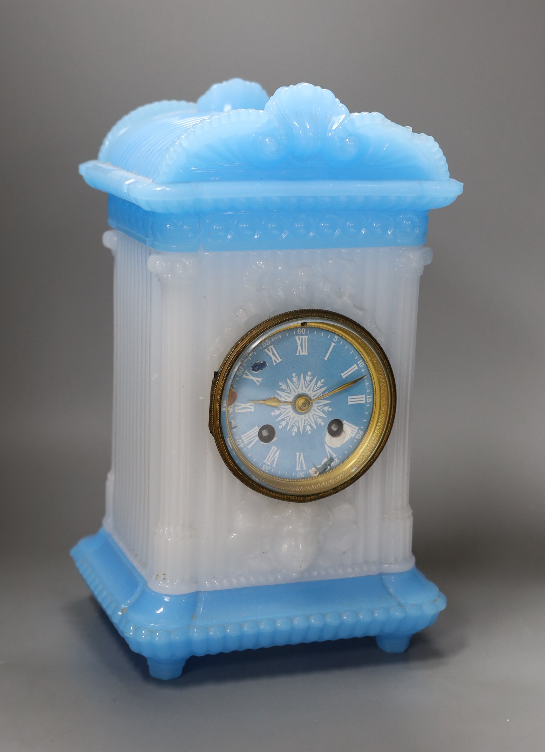 Late Victorian moulded blue and white glass mantel clock, 30cm