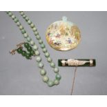 A jade bead necklace, together with a painted pearl pendant and other jade items