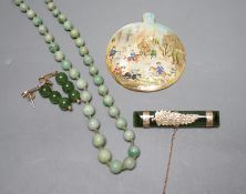 A jade bead necklace, together with a painted pearl pendant and other jade items