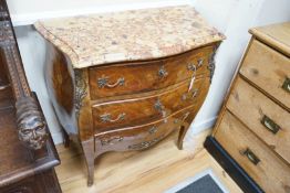 A Louis XV style marquetry inlaid marble topped serpentine three drawer commode, width 83cm, depth