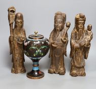 A group of three Chinese giltwood figures of the Star Gods and a Chinese cloisonne enamel jar, 33cm
