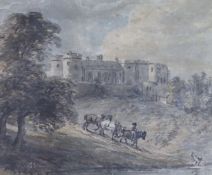 Paul Sandby (1725-1809), watercolour on paper, Travellers passing a castle, 13 x 16cm