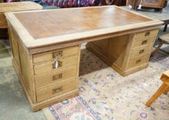 A Victorian and later military style pine pedestal desk, width 182cm, depth 98cm, height 76cm