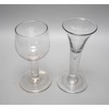 A mid 18th century mead glass and a similar drawn trumpet ale glass, tallest 17cm