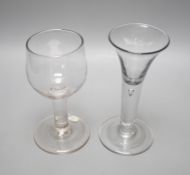 A mid 18th century mead glass and a similar drawn trumpet ale glass, tallest 17cm