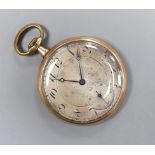 An early 20th century 9K gold keyless pocket watch, with silvered dial and unsigned movement