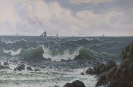 Edward Moore, oil on canvas, Shipping off the coast, signed and dated '86, 40 x 59cm