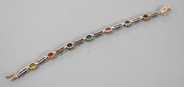 A yellow and white metal, multi cabochon gem and rose cut diamond set bracelet, 16.7cm, gross weight
