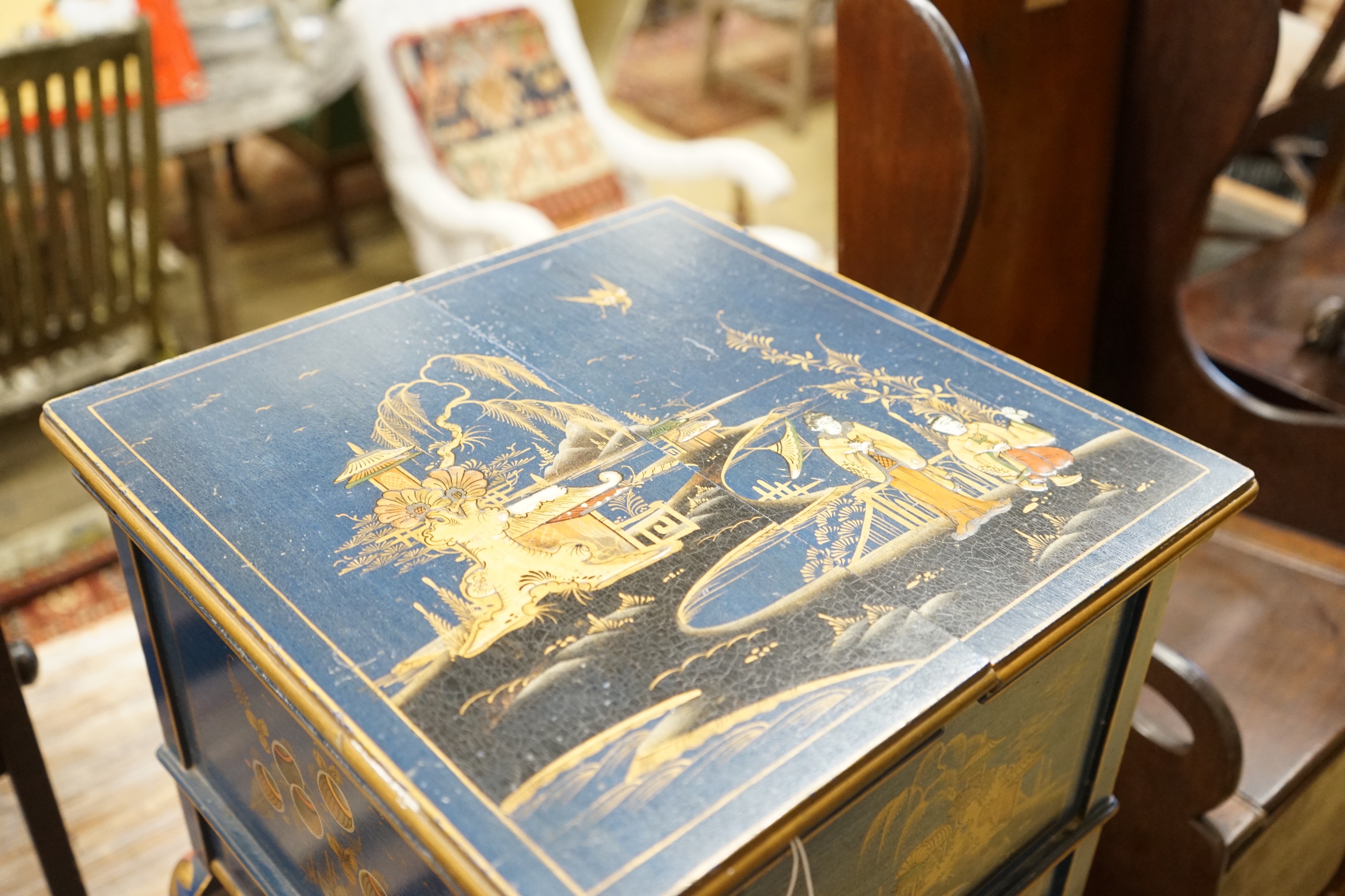 A 1920's square chinoiserie lacquer work box, 36cm, height 53cm - Image 3 of 4