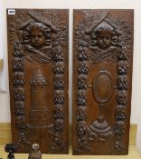 A pair of late 19th century continental carved oak panels, one detailing a lighthouse, the other a