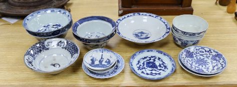 A group of Chinese blue and white bowls, 19th century and later