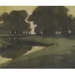 Harold Gallén, colour lithograph, River landscape, signed in pencil and dated 1960, overall 53 x