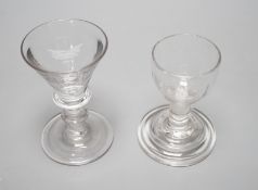 A George III dram glass, terraced foot and a similar deceptive glass, tallest 9.5cm