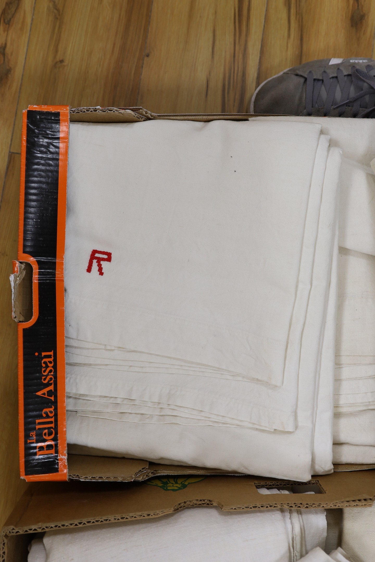 Two boxes of French Provincial linen sheets, some with red monograms - Image 3 of 4