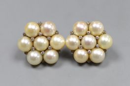 A pair of Indian white metal, cultured pearl and diamond chip cluster earrings, gross 22.7 grams,