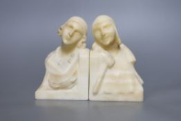 A pair of French Art Deco cream alabaster figural lady bookends,15 cms high