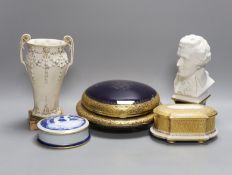 Three Limoges boxes, a bust of Mozart and a bisque two handled vase,Vase 20.5 cms high