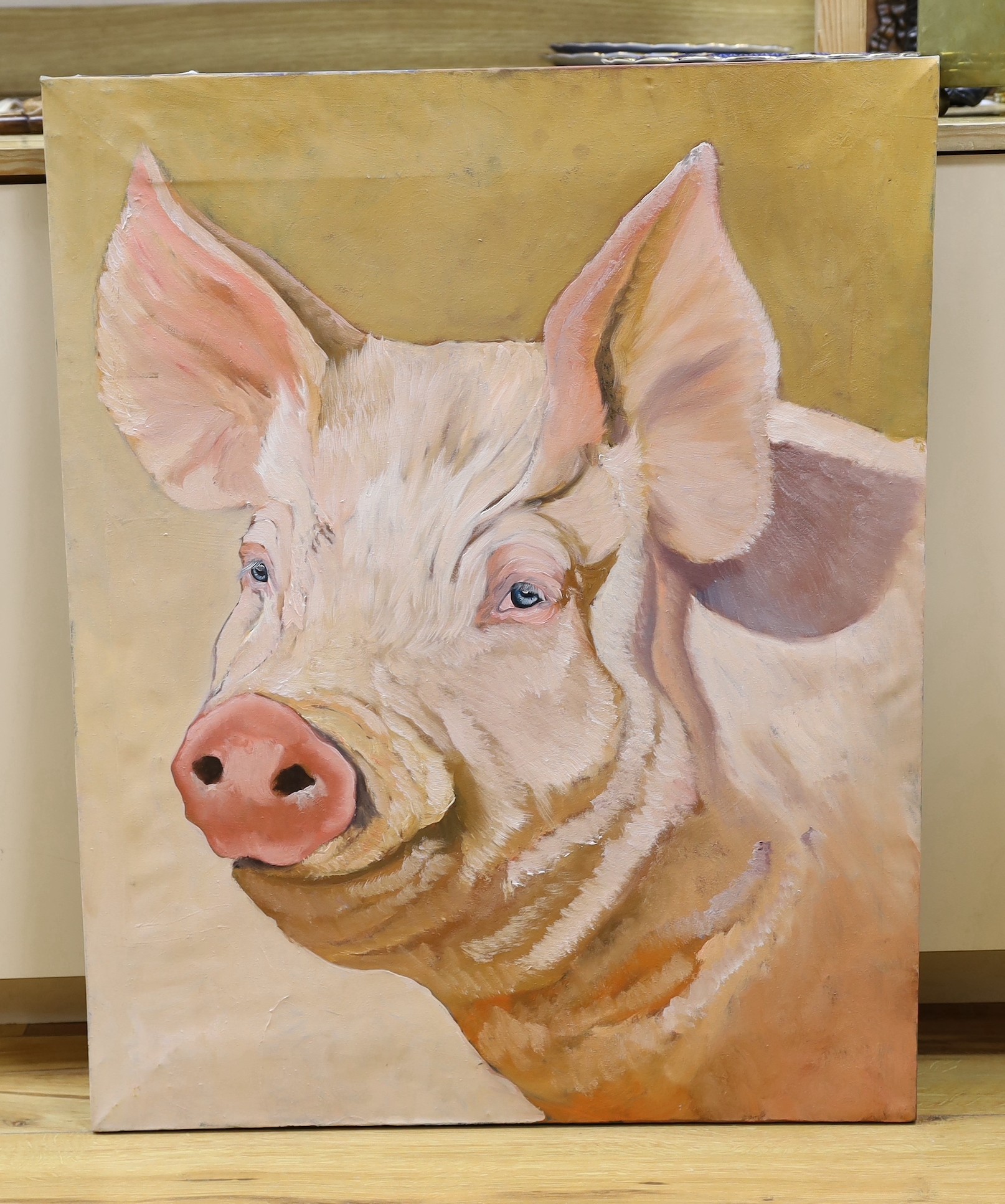 Modern British, oil on canvas, Head study of a pig, 82 x 66cm, unframed - Image 2 of 3