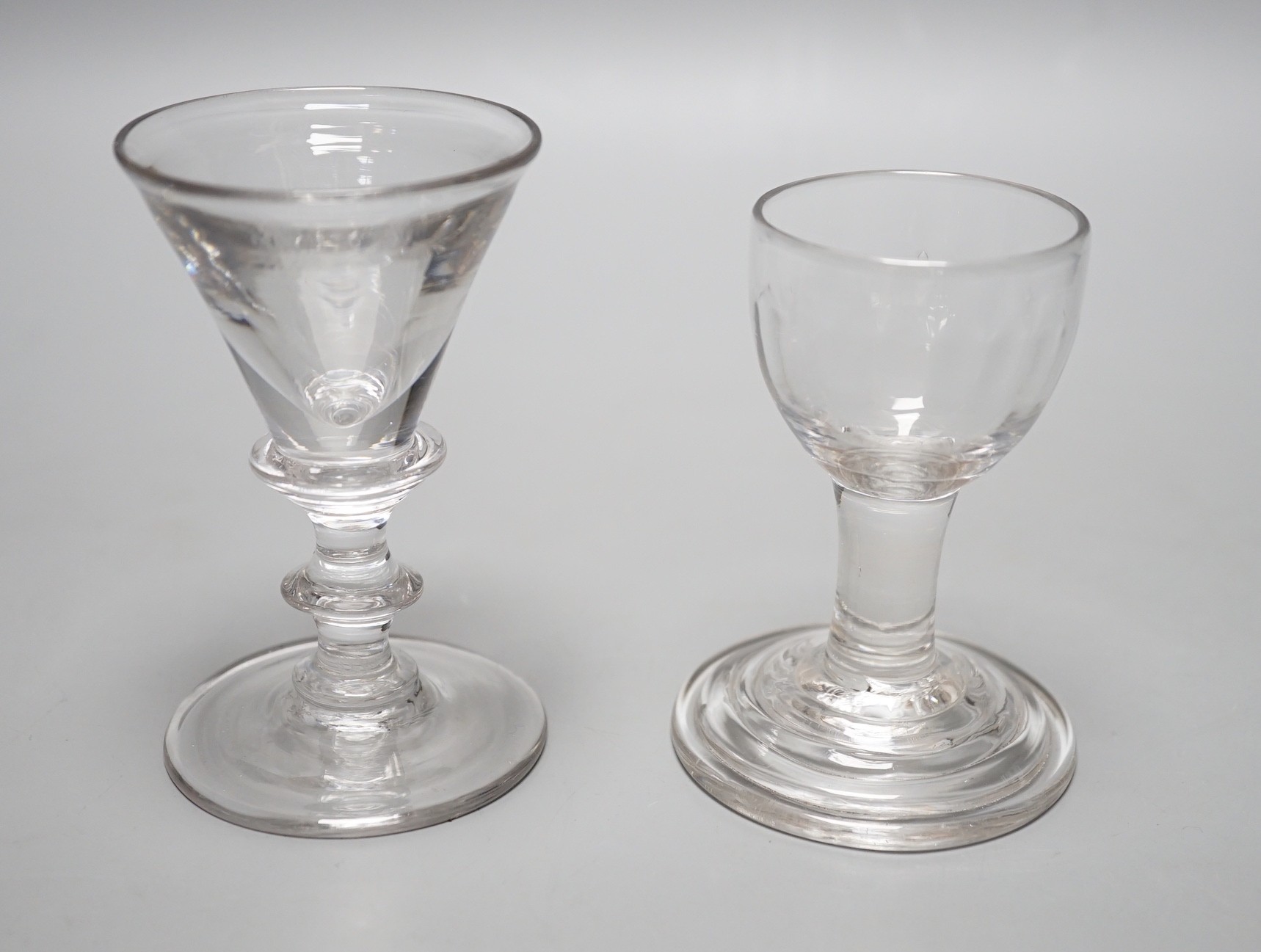 A George III dram glass, terraced foot and a similar deceptive glass, tallest 9.5cm - Image 3 of 3