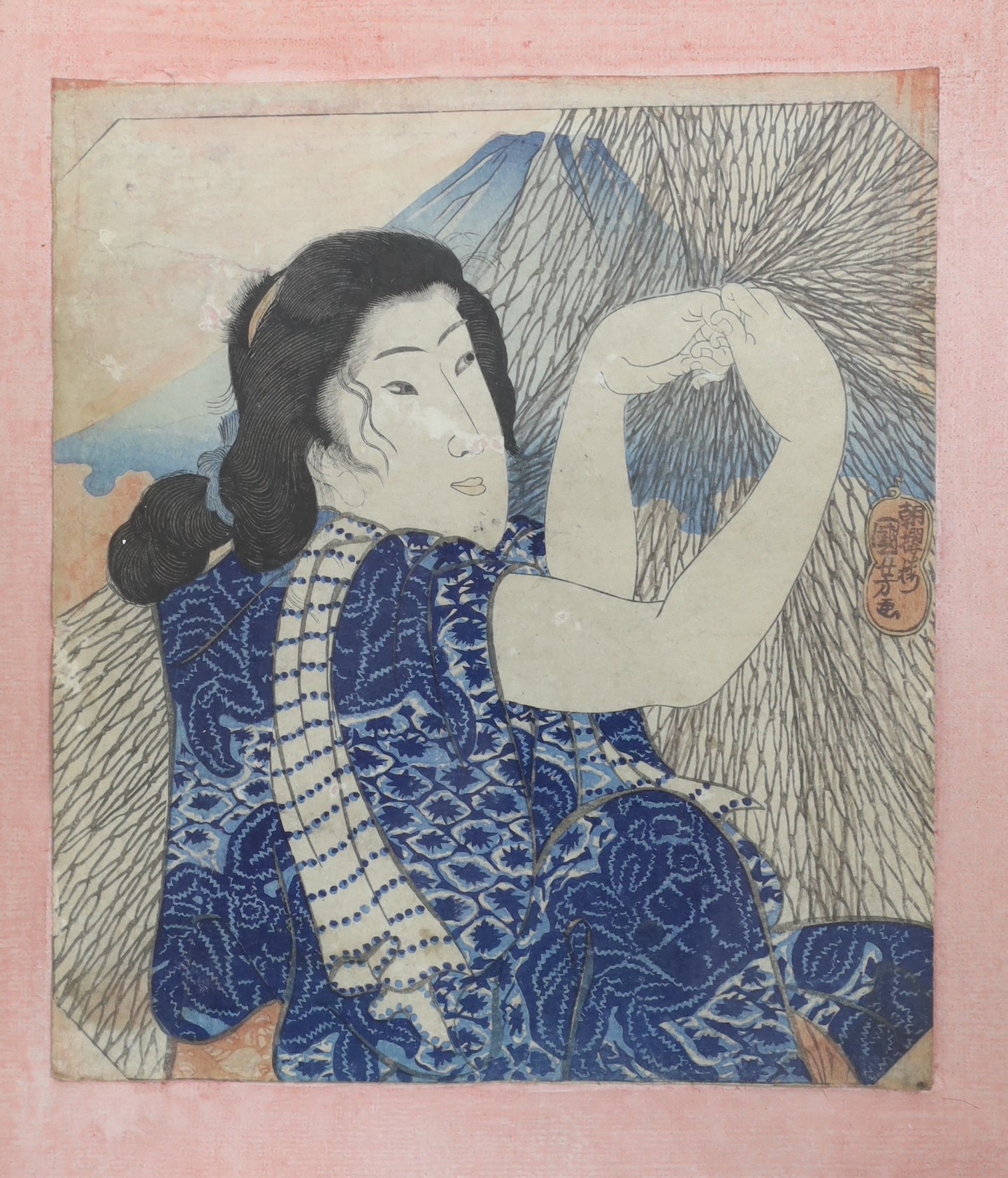 Utagawa Kuniyoshi (1797-1861), woodblock print, Woman with fish net, 24 x 21.5cm, another - Image 3 of 3