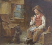 Victorian School, oil on canvas, Interior with boy and begging terrier, 35 x 40cm