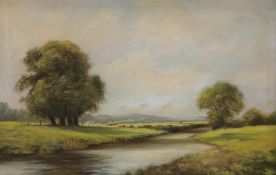 Millar, oil on canvas, River landscape with harvesters, signed, 50 x 75cm