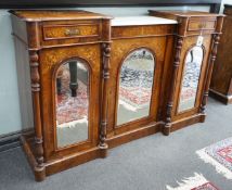 A Victorian inlaid walnut chiffonier with part white marble top, length 154cm, depth 40cm, height