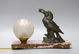 A French 1930's spelter toucan lamp with crackleware shade on plinth base, 18cm wide