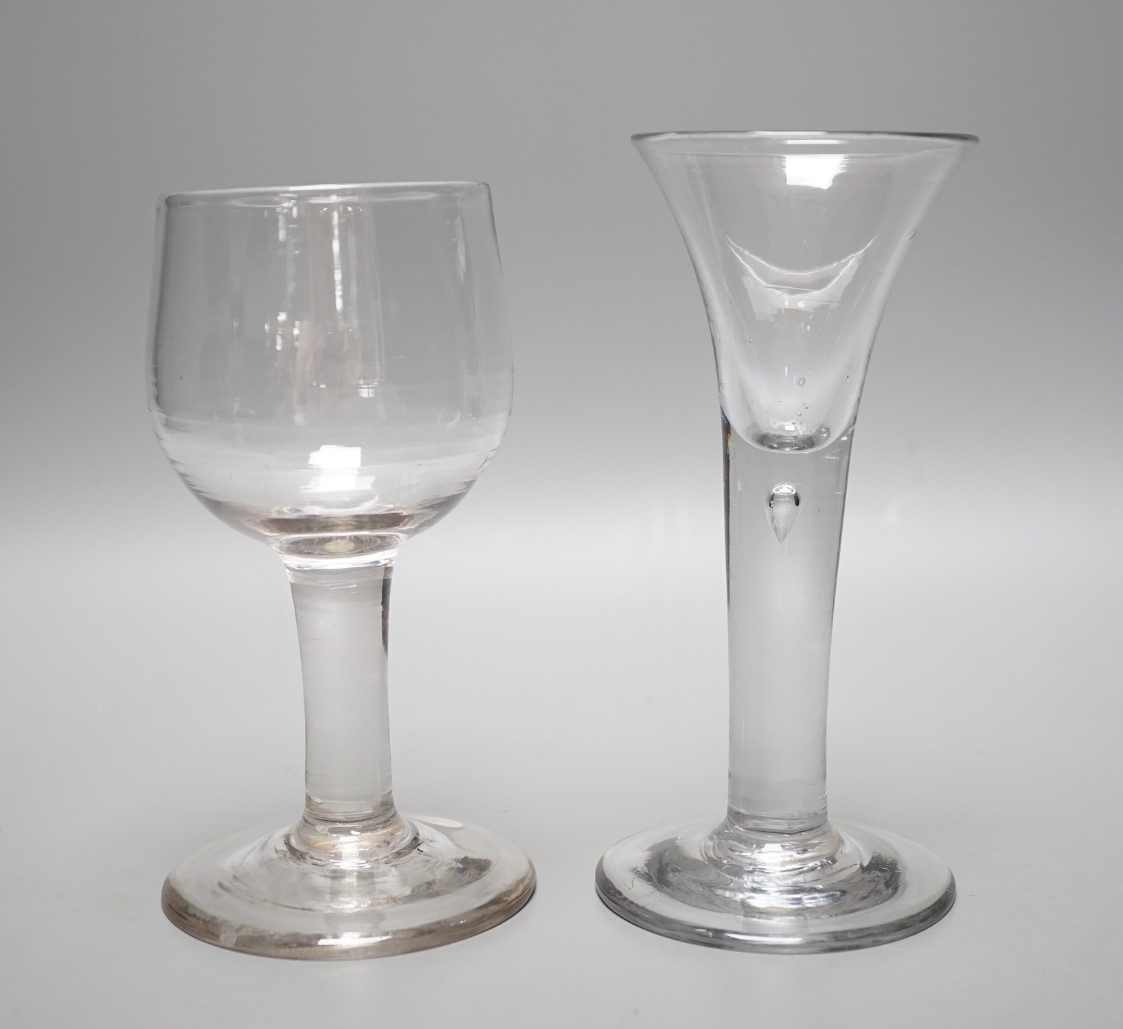 A mid 18th century mead glass and a similar drawn trumpet ale glass, tallest 17cm - Image 2 of 3