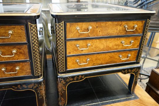 A pair of Drexel chinoiserie decorated, ebonised and pollard oak three drawer tables with glass - Image 4 of 4