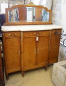 An early 20th century French marble topped birds eye maple breakfront mirror back side cabinet,