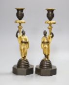 A pair of Eastern style bronze and ormolu figural candlesticks, 27cm