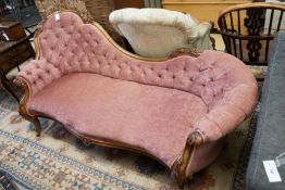 A Victorian faded rosewood chaise longue upholstered in buttoned pink dralon, length 190cm, width