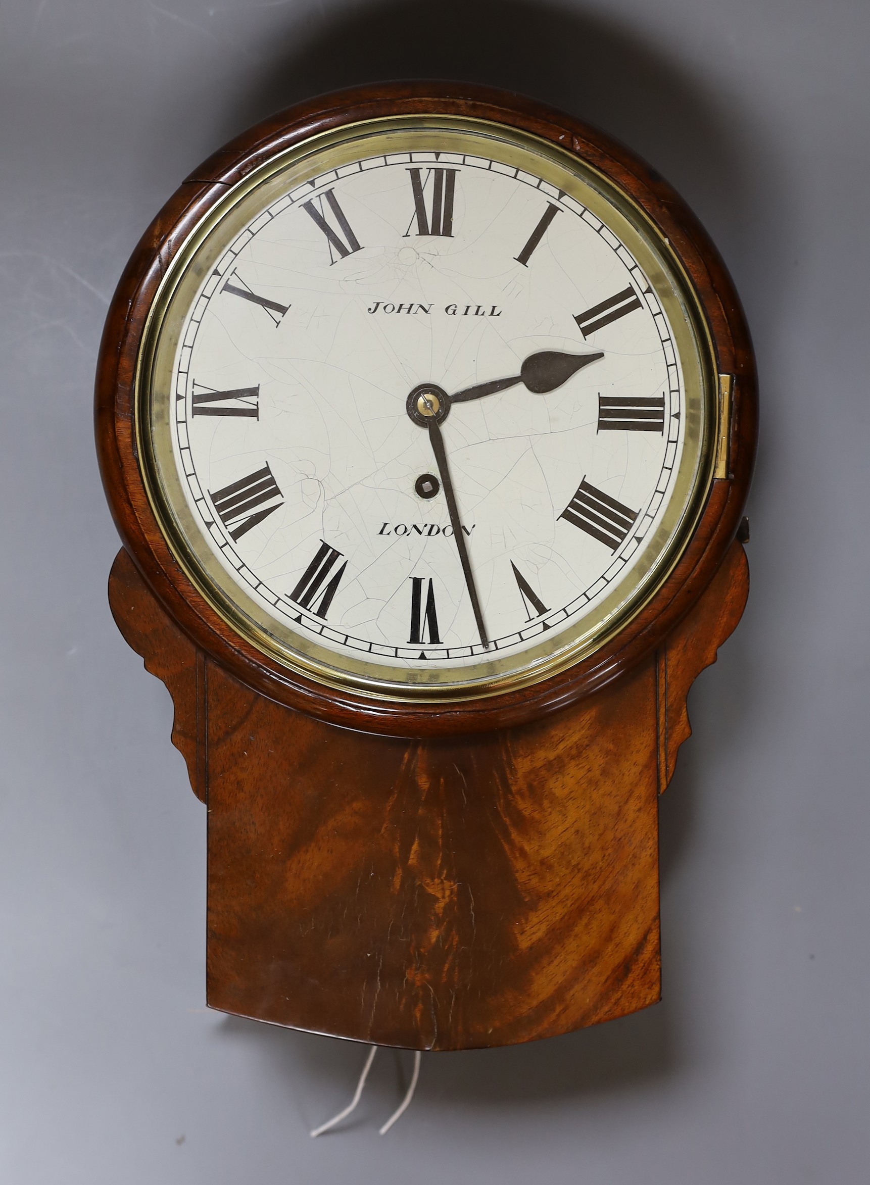 A small Victorian mahogany single fusee wall dial marked John Gill London with pendulum, dial 18.5cm