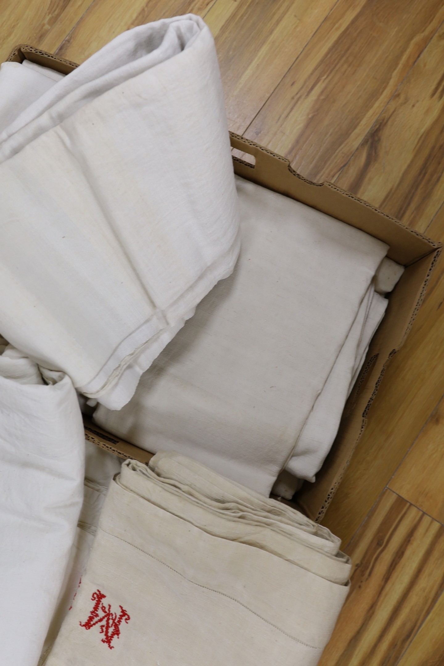 Two boxes of French Provincial linen sheets, some with red monograms - Image 4 of 4