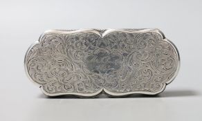 A Victorian engraved silver shaped oval snuff box, by Nathaniel Mills, Birmingham, 1840, with